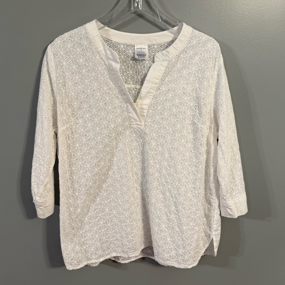 Lands’ End White Eyelet Embroidery Tunic Blouse Cotton 3/4 Sleeve 16P Petite